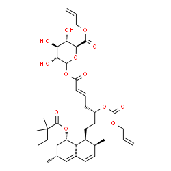 ChemSpider 2D Image | Allyl 1-O-[(2E,5R)-5-{[(allyloxy)carbonyl]oxy}-7-{(1S,2S,6R,8S,8aR)-8-[(2,2-dimethylbutanoyl)oxy]-2,6-dimethyl-1,2,6,7,8,8a-hexahydro-1-naphthalenyl}-2-heptenoyl]-D-glucopyranuronate | C38H54O13