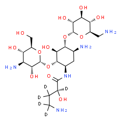 ChemSpider 2D Image | (2S)-4-Amino-N-{(1R,2S,3S,4R,5S)-5-amino-2-[(3-amino-3-deoxy-alpha-D-glucopyranosyl)oxy]-4-[(6-amino-6-deoxy-alpha-D-glucopyranosyl)oxy]-3-hydroxycyclohexyl}-2-hydroxy(~2~H_5_)butanamide | C22H38D5N5O13