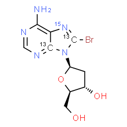 ChemSpider 2D Image | 8-Bromo-2'-deoxy(4,8-~13~C_2_,5-~15~N)adenosine | C813C2H12BrN415NO3