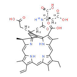 ChemSpider 2D Image | N-{[(2S)-7-Carboxy-3-(2-carboxyethyl)-12-ethyl-2,8,13,18-tetramethyl-17-vinyl-2,3-dihydro-5-porphyrinyl]acetyl}-L-(~13~C_4_,~15~N)aspartic acid | C3413C4H41N415NO9