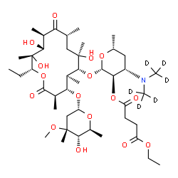 ChemSpider 2D Image | (2S,3R,4S,6R)-4-{Bis[(~2~H_3_)methyl]amino}-2-{[(3R,4S,5S,6R,7R,9R,11R,12R,13S,14R)-14-ethyl-7,12,13-trihydroxy-4-{[(2R,4R,5S,6S)-5-hydroxy-4-methoxy-4,6-dimethyltetrahydro-2H-pyran-2-yl]oxy}-3,5,7,9,
11,13-hexamethyl-2,10-dioxooxacyclotetradecan-6-yl]oxy}-6-methyltetrahydro-2H-pyran-3-yl ethyl succinate (non-preferred name) | C43H69D6NO16