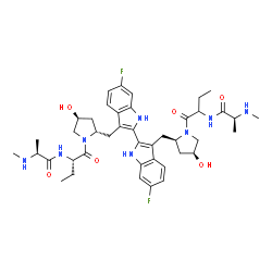ChemSpider 2D Image | (2S)-N-[(2S)-1-{(2S,4S)-2-[(6,6'-Difluoro-3'-{[(2R,4S)-4-hydroxy-1-(2-{[(2S)-2-(methylamino)propanoyl]amino}butanoyl)-2-pyrrolidinyl]methyl}-1H,1'H-2,2'-biindol-3-yl)methyl]-4-hydroxy-1-pyrrolidinyl}-
1-oxo-2-butanyl]-2-(methylamino)propanamide (non-preferred name) | C42H56F2N8O6