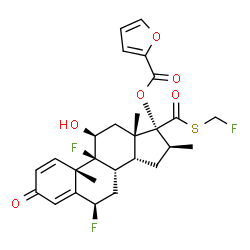ChemSpider 2D Image | (6beta,9beta,11beta,14beta,16beta,17alpha)-6,9-Difluoro-17-{[(fluoromethyl)sulfanyl]carbonyl}-11-hydroxy-16-methyl-3-oxoandrosta-1,4-dien-17-yl 2-furoate | C27H29F3O6S