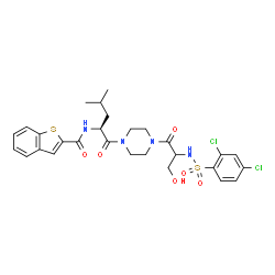 ChemSpider 2D Image | N-[(2S)-1-(4-{N-[(2,4-Dichlorophenyl)sulfonyl]seryl}-1-piperazinyl)-4-methyl-1-oxo-2-pentanyl]-1-benzothiophene-2-carboxamide | C28H32Cl2N4O6S2