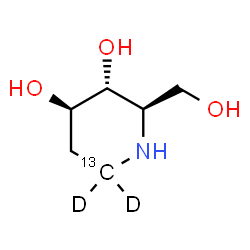 ChemSpider 2D Image | (2R,3R,4R)-2-(Hydroxymethyl)-3,4-(6-~13~C,6,6-~2~H_2_)piperidinediol | C513CH11D2NO3