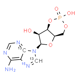 ChemSpider 2D Image | (4aR,6R,7S,7aR)-6-[6-Amino(4,8-~13~C_2_,7-~15~N)-9H-purin-9-yl]tetrahydro-4H-furo[3,2-d][1,3,2]dioxaphosphinine-2,7-diol 2-oxide | C813C2H12N415NO6P