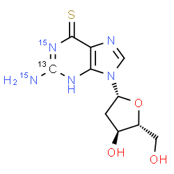 ChemSpider 2D Image | 2-(~15~N)Amino-9-(2-deoxy-beta-D-erythro-pentofuranosyl)(2-~13~C,1-~15~N)-3,9-dihydro-6H-purine-6-thione | C913CH13N315N2O3S