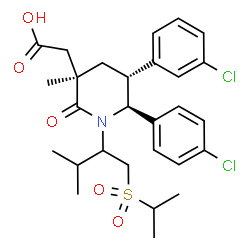 ChemSpider 2D Image | {(3R,5R,6S)-5-(3-Chlorophenyl)-6-(4-chlorophenyl)-1-[1-(isopropylsulfonyl)-3-methyl-2-butanyl]-3-methyl-2-oxo-3-piperidinyl}acetic acid | C28H35Cl2NO5S