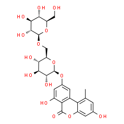 ChemSpider 2D Image | 3,7-Dihydroxy-1-methyl-6-oxo-6H-benzo[c]chromen-9-yl 6-O-beta-D-glucopyranosyl-beta-D-glucopyranoside | C26H30O15