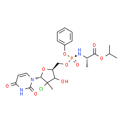 ChemSpider 2D Image | Isopropyl (2S)-2-{[(R)-{[(2S,5R)-4-chloro-5-(2,4-dioxo-3,4-dihydro-1(2H)-pyrimidinyl)-3-hydroxy-4-methyltetrahydro-2-furanyl]methoxy}(phenoxy)phosphoryl]amino}propanoate (non-preferred name) | C22H29ClN3O9P