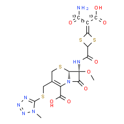 ChemSpider 2D Image | (6R,7S)-7-[({4-[2-Amino-1-(~13~C)carboxy-2-oxo(~13~C_2_)ethylidene]-1,3-dithietan-2-yl}carbonyl)amino]-7-methoxy-3-{[(1-methyl-1H-tetrazol-5-yl)sulfanyl]methyl}-8-oxo-5-thia-1-azabicyclo[4.2.0]oct-2-e
ne-2-carboxylic acid | C1413C3H17N7O8S4
