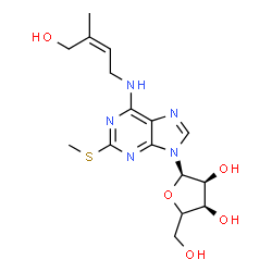 ChemSpider 2D Image | N-[(2Z)-4-Hydroxy-3-methyl-2-buten-1-yl]-2-(methylsulfanyl)-9-[(4xi)-alpha-L-erythro-pentofuranosyl]-9H-purin-6-amine | C16H23N5O5S