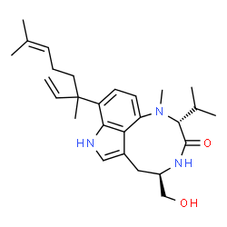 ChemSpider 2D Image | (2R,5R)-9-(3,7-Dimethyl-1,6-octadien-3-yl)-5-(hydroxymethyl)-2-isopropyl-1-methyl-1,2,4,5,6,8-hexahydro-3H-[1,4]diazonino[7,6,5-cd]indol-3-one | C27H39N3O2