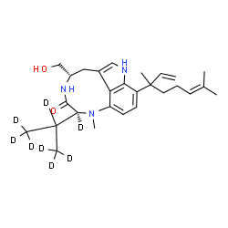 ChemSpider 2D Image | (2S,5S)-9-(3,7-Dimethyl-1,6-octadien-3-yl)-5-(hydroxymethyl)-1-methyl-2-[(~2~H_7_)-2-propanyl](2-~2~H)-1,2,4,5,6,8-hexahydro-3H-[1,4]diazonino[7,6,5-cd]indol-3-one | C27H31D8N3O2
