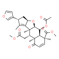 ChemSpider 2D Image | Methyl (2R,3aR,4aR,5R,5aR,6S,9aS,10R,10aS)-5-acetoxy-2-(3-furyl)-10-(2-methoxy-2-oxoethyl)-1,6,9a,10a-tetramethyl-9-oxo-3,3a,4a,5,5a,6,9,9a,10,10a-decahydro-2H-cyclopenta[b]naphtho[2,3-d]furan-6-carbo
xylate | C30H36O9