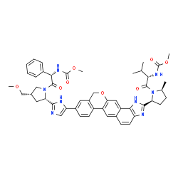 ChemSpider 2D Image | Methyl {(1S)-2-[(2S,4S)-2-(5-{2-[(2S,5S)-1-{(2S)-2-[(methoxycarbonyl)amino]-3-methylbutanoyl}-5-methyl-2-pyrrolidinyl]-1,11-dihydroisochromeno[4',3':6,7]naphtho[1,2-d]imidazol-9-yl}-1H-imidazol-2-yl)-
4-(methoxymethyl)-1-pyrrolidinyl]-2-oxo-1-phenylethyl}carbamate | C49H54N8O8