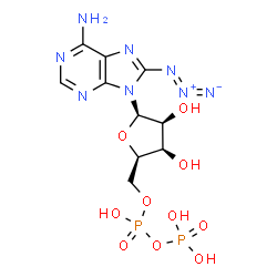 ChemSpider 2D Image | 8-Azido-9-{5-O-[hydroxy(phosphonooxy)phosphoryl]-beta-D-lyxofuranosyl}-9H-purin-6-amine | C10H14N8O10P2