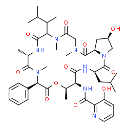 ChemSpider 2D Image | 3-Hydroxy-N-[(9S,12R,15R,16S,19R,23R,24aR)-23-hydroxy-19-isobutyl-2,5,9,11,15-pentamethyl-6-(3-methyl-2-butanyl)-1,4,7,10,13,17,20-heptaoxo-12-phenyldocosahydro-1H-pyrrolo[2,1-o][1,4,7,10,13,16,19]oxa
hexaazacyclodocosin-16-yl]-2-pyridinecarboxamide | C44H62N8O11
