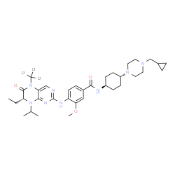 ChemSpider 2D Image | N-{trans-4-[4-(Cyclopropylmethyl)-1-piperazinyl]cyclohexyl}-4-{[(7R)-7-ethyl-8-isopropyl-5-(~2~H_3_)methyl-6-oxo-5,6,7,8-tetrahydro-2-pteridinyl]amino}-3-methoxybenzamide | C34H47D3N8O3
