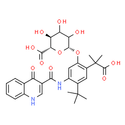 ChemSpider 2D Image | 2-(2-Carboxy-2-propanyl)-4-(2-methyl-2-propanyl)-5-{[(4-oxo-1,4-dihydro-3-quinolinyl)carbonyl]amino}phenyl beta-D-erythro-hexopyranosiduronic acid | C30H34N2O11