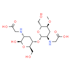 ChemSpider 2D Image | {[(2R,3R,5S,6R)-2-{[(2R,3S,5R,6R)-5-[(Carboxymethyl)amino]-6-hydroxy-2-(hydroxymethyl)tetrahydro-2H-pyran-3-yl]oxy}-6-(hydroxymethyl)-5-methoxytetrahydro-2H-pyran-3-yl]amino}acetic acid (non-preferred
 name) | C17H30N2O11