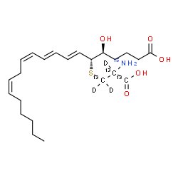 ChemSpider 2D Image | (5S,6R,7E,9E,11Z,14Z)-6-{[2-(~15~N)Amino-2-(~13~C)carboxy(~13~C_2_,~2~H_3_)ethyl]sulfanyl}-5-hydroxy-7,9,11,14-icosatetraenoic acid | C2013C3H34D315NO5S