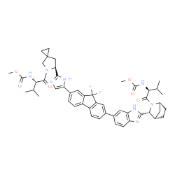 ChemSpider 2D Image | Methyl [(2S)-1-{(1R,3R,4S)-3-[6-(9,9-difluoro-7-{2-[(6S)-5-{(2S)-2-[(methoxycarbonyl)amino]-3-methylbutanoyl}-5-azaspiro[2.4]hept-6-yl]-1H-imidazol-5-yl}-9H-fluoren-2-yl)-1H-benzimidazol-2-yl]-2-azabi
cyclo[2.2.1]hept-2-yl}-3-methyl-1-oxo-2-butanyl]carbamate | C49H54F2N8O6