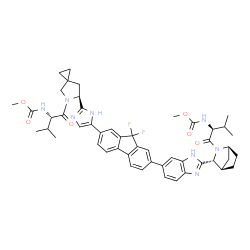 ChemSpider 2D Image | Methyl [(2S)-1-{(1S,3R,4R)-3-[6-(9,9-difluoro-7-{2-[(6S)-5-{(2S)-2-[(methoxycarbonyl)amino]-3-methylbutanoyl}-5-azaspiro[2.4]hept-6-yl]-1H-imidazol-5-yl}-9H-fluoren-2-yl)-1H-benzimidazol-2-yl]-2-azabi
cyclo[2.2.1]hept-2-yl}-3-methyl-1-oxo-2-butanyl]carbamate | C49H54F2N8O6