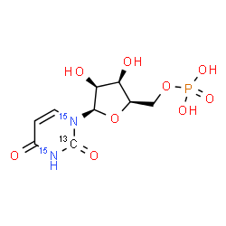 ChemSpider 2D Image | 1-(5-O-Phosphono-beta-D-lyxofuranosyl)-2,4(1H,3H)-(2-~13~C,~15~N_2_)pyrimidinedione | C813CH1315N2O9P