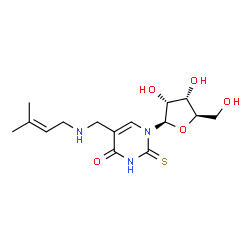 ChemSpider 2D Image | 5-{[(3-Methyl-2-buten-1-yl)amino]methyl}-1-(beta-D-ribofuranosyl)-2-thioxo-2,3-dihydro-4(1H)-pyrimidinone | C15H23N3O5S