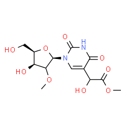ChemSpider 2D Image | 5-(1-Hydroxy-2-methoxy-2-oxoethyl)-1-[(2xi)-2-O-methyl-beta-D-threo-pentofuranosyl]-2,4(1H,3H)-pyrimidinedione | C13H18N2O9