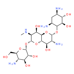 ChemSpider 2D Image | (2R,3S,4R,4aR,6S,7R,8R,8aS)-7-Amino-6-{[(2R,3S,4R,6S)-4,6-diamino-2,3-dihydroxycyclohexyl]oxy}-4,8-dihydroxy-3-(methylamino)octahydropyrano[3,2-b]pyran-2-yl 4-amino-4-deoxy-alpha-D-glucopyranoside | C21H41N5O12