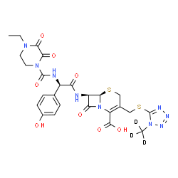 ChemSpider 2D Image | (6R,7R)-7-{[(2R)-2-{[(4-Ethyl-2,3-dioxo-1-piperazinyl)carbonyl]amino}-2-(4-hydroxyphenyl)acetyl]amino}-3-({[1-(~2~H_3_)methyl-1H-tetrazol-5-yl]sulfanyl}methyl)-8-oxo-5-thia-1-azabicyclo[4.2.0]oct-2-en
e-2-carboxylic acid | C25H24D3N9O8S2