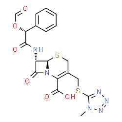 ChemSpider 2D Image | (6R,7S)-7-{[(2R)-2-(Formyloxy)-2-phenylacetyl]amino}-3-{[(1-methyl-1H-tetrazol-5-yl)sulfanyl]methyl}-8-oxo-5-thia-1-azabicyclo[4.2.0]oct-2-ene-2-carboxylic acid | C19H18N6O6S2