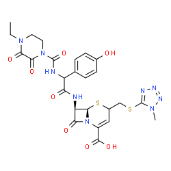 ChemSpider 2D Image | (6R,7R)-7-{[{[(4-Ethyl-2,3-dioxo-1-piperazinyl)carbonyl]amino}(4-hydroxyphenyl)acetyl]amino}-4-{[(1-methyl-1H-tetrazol-5-yl)sulfanyl]methyl}-8-oxo-5-thia-1-azabicyclo[4.2.0]oct-2-ene-2-carboxylic acid | C25H27N9O8S2