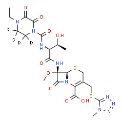 ChemSpider 2D Image | (6R,7S)-7-[(N-{[4-Ethyl-2,3-dioxo(~2~H_4_)-1-piperazinyl]carbonyl}-D-threonyl)amino]-7-methoxy-3-{[(1-methyl-1H-tetrazol-5-yl)sulfanyl]methyl}-8-oxo-5-thia-1-azabicyclo[4.2.0]oct-2-ene-2-carboxylic ac
id | C22H25D4N9O9S2