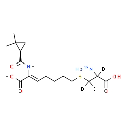 ChemSpider 2D Image | (2Z)-7-{[2-(~15~N)Amino-2-carboxy(~2~H_3_)ethyl]sulfanyl}-2-({[(1R)-2,2-dimethylcyclopropyl]carbonyl}amino)-2-heptenoic acid | C16H23D3N15NO5S