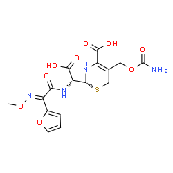 ChemSpider 2D Image | (2R)-5-[(Carbamoyloxy)methyl]-2-[(R)-carboxy{[(2E)-2-(2-furyl)-2-(methoxyimino)acetyl]amino}methyl]-3,6-dihydro-2H-1,3-thiazine-4-carboxylic acid | C16H18N4O9S