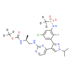 ChemSpider 2D Image | (~2~H_3_)Methyl [(2S)-1-({4-[3-(5-chloro-2-fluoro-3-{[(~2~H_3_)methylsulfonyl]amino}phenyl)-1-isopropyl-1H-pyrazol-4-yl]-2-pyrimidinyl}amino)-2-propanyl]carbamate | C22H21D6ClFN7O4S