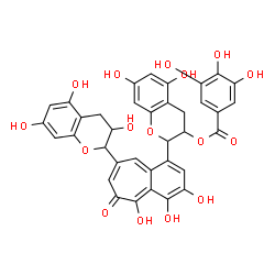 ChemSpider 2D Image | 5,7-Dihydroxy-2-[3,4,5-trihydroxy-6-oxo-8-(3,5,7-trihydroxy-3,4-dihydro-2H-chromen-2-yl)-6H-benzo[7]annulen-1-yl]-3,4-dihydro-2H-chromen-3-yl 3,4,5-trihydroxybenzoate | C36H28O16