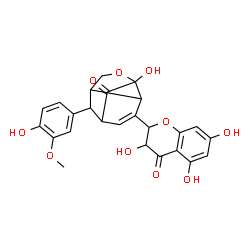 ChemSpider 2D Image | 3-Hydroxy-10-(4-hydroxy-3-methoxyphenyl)-8-(3,5,7-trihydroxy-4-oxo-3,4-dihydro-2H-chromen-2-yl)-4-oxatricyclo[4.3.1.0~3,7~]dec-8-en-2-one | C25H22O10