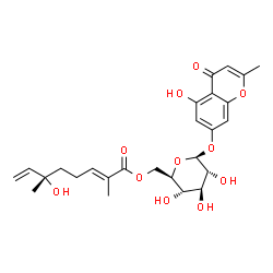 ChemSpider 2D Image | 5-Hydroxy-2-methyl-4-oxo-4H-chromen-7-yl 6-O-[(2E,6S)-6-hydroxy-2,6-dimethyl-2,7-octadienoyl]-beta-D-glucopyranoside | C26H32O11
