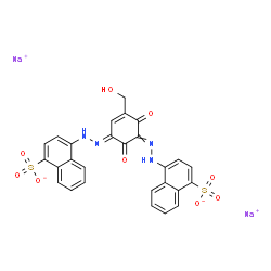 ChemSpider 2D Image | Disodium 4,4'-{[5-(hydroxymethyl)-2,6-dioxo-4-cyclohexene-1,3-diylidene]di(2E)-1-hydrazinyl-2-ylidene}di(1-naphthalenesulfonate) | C27H18N4Na2O9S2