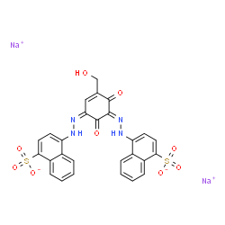 ChemSpider 2D Image | Disodium 4,4'-{[5-(hydroxymethyl)-2,6-dioxo-4-cyclohexene-1,3-diylidene]di(2Z)-1-hydrazinyl-2-ylidene}di(1-naphthalenesulfonate) | C27H18N4Na2O9S2