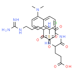 ChemSpider 2D Image | N-{[5-(Dimethylamino)-1-naphthyl]sulfonyl}-alpha-glutamyl-N-(7-carbamimidamido-1-chloro-2,3-dioxo-4-heptanyl)glycinamide | C27H36ClN7O8S