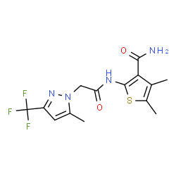 ChemSpider 2D Image | 4,5-Dimethyl-2-({[5-methyl-3-(trifluoromethyl)-1H-pyrazol-1-yl]acetyl}amino)-3-thiophenecarboxamide | C14H15F3N4O2S