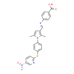 ChemSpider 2D Image | 4-{(E)-[(2,5-Dimethyl-1-{4-[(5-nitro-2-pyridinyl)oxy]phenyl}-1H-pyrrol-3-yl)methylene]amino}benzoic acid | C25H20N4O5