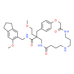 ChemSpider 2D Image | N-[(6-Methoxy-2,3-dihydro-1H-inden-5-yl)methyl]-16-(2-methoxyethyl)-4,13-dioxo-2-oxa-5,9,14-triazabicyclo[16.2.2]docosa-1(20),18,21-triene-16-carboxamide | C33H46N4O6
