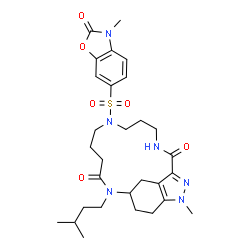 ChemSpider 2D Image | 17-Methyl-12-(3-methylbutyl)-7-[(3-methyl-2-oxo-2,3-dihydro-1,3-benzoxazol-6-yl)sulfonyl]-3,7,12,17,18-pentaazatricyclo[11.5.2.0~16,19~]icosa-1(18),16(19)-diene-2,11-dione | C29H40N6O6S
