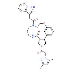 ChemSpider 2D Image | (2S,6R)-4-[(3,5-Dimethyl-1H-pyrazol-1-yl)acetyl]-12-(1H-indol-3-ylacetyl)-15-oxa-4,8,12-triazatricyclo[14.3.1.0~2,6~]icosa-1(20),16,18-trien-7-one | C33H38N6O4